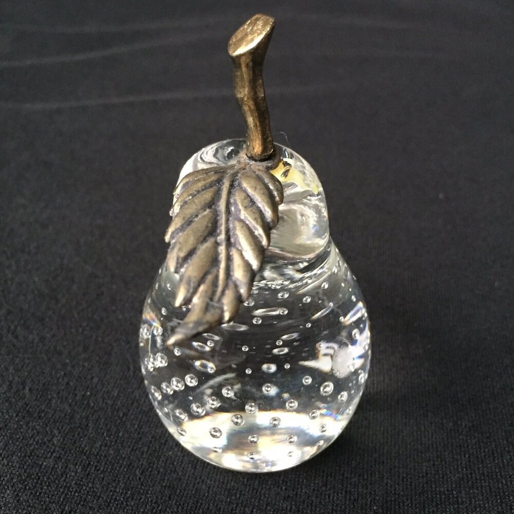 Pear Fruit Art Glass Paperweight Clear Controlled Bubbles Metal Stem Leaf Vtg